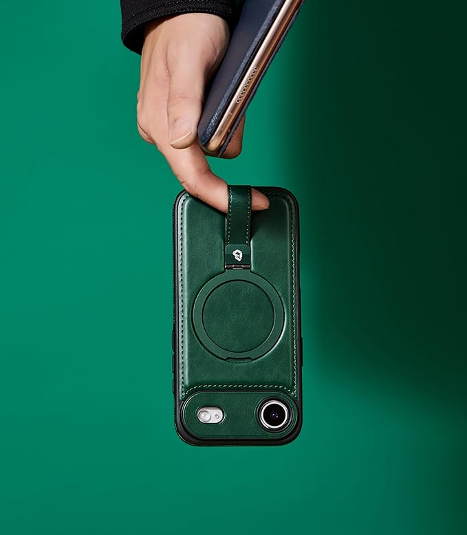 Butaiga for iPhone Air Leather Case with Stand, Anti-Slip Grip Ring, Fits for MagSafe (Green,iPhone Air)