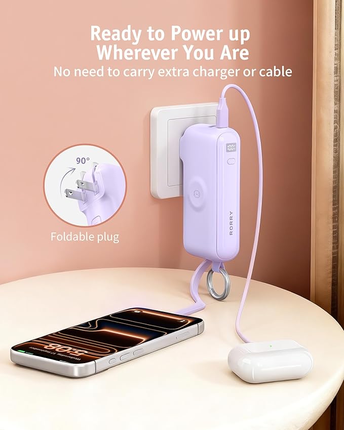 RORRY Flow Portable Charger, 10000mAh 40W Fast Charging Power Bank with Built-in USB C Cable and Foldable Wall Plug, Battery Pack Travel Essentials for iPhone 17/16/15, Apple Watch, iPad, MacBook