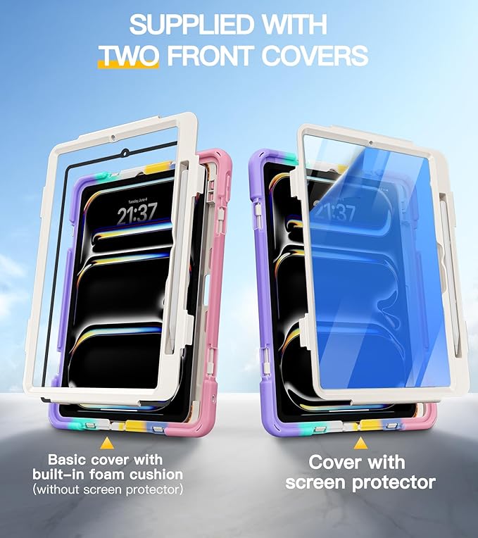 BRAECN Case for iPad Pro 11 inch M5 2025 & M4 2024, 4 Layers Heavy Duty Full-Body Protection Screen Protector Pencil Holder, 360° Rotating Handle Kickstand, Shoulder Strap Kids Friendly