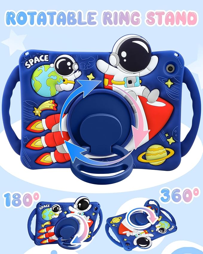 Boaretiu for Samsung Galaxy Tab A9 Plus Case - Cute Boys Cartoon Soft 3D Astronaut Spaceship Silicone Case with Strap & Rotating Stand for Girls Teens Tablet Cover for Samsung Tab A9+