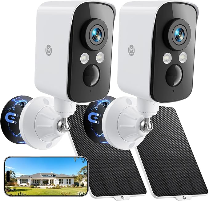 Security Camera Wireless Outdoor, 2.4G WiFi, Battery & Solar Powered, Magnetic, Free Human Detection, Free 7-Day Cloud/SD, Night Vision, Siren, 2-Way Talk, 2K, IP65