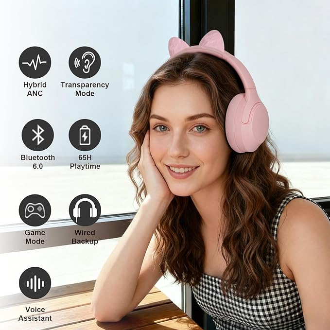 Active Noise Cancelling Headphones, 65H Bluetooth Headphones Custom EQ via App Headphones Wireless with Mic, Bluetooth 6.0 Detachable Cat Ears Foldable Headsets for Commuting Travel Work Home (Pink)