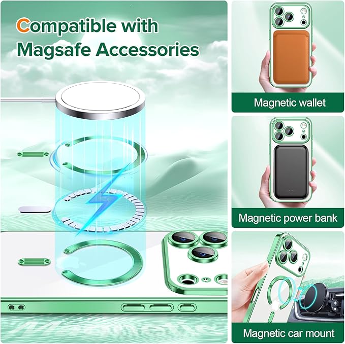Hython Magnetic Clear for iPhone 17 Pro Case with Camera Lens Protector [Compatible with MagSafe] Luxury Plating Edge Slim Soft TPU Cover Protective Phone Case for iPhone 17 Pro 6.3", Light Green