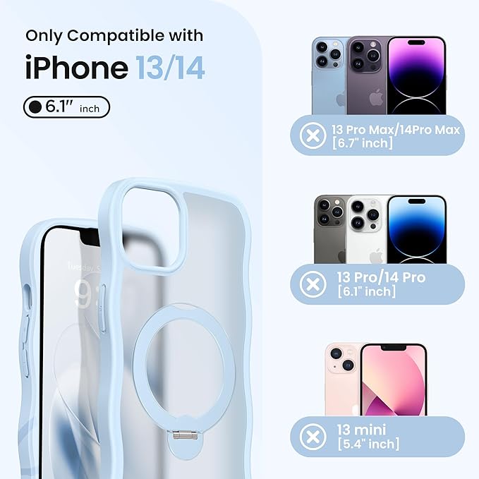 CAPRARO for iPhone 13 Case & iPhone 14 Case with 360° Spin Magnetic Stand for Women, [Compatible with MagSafe] [Camera Protection] Cute Wave Translucent Matte Case for iPhone 13/14, Light Blue