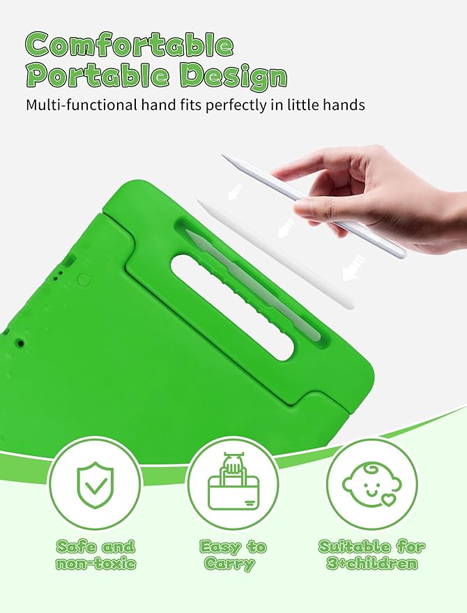 for iPad Pro 13 inch Case 2024 with Pencil Holder and Anti-Slip Hand Stand, Super Protection Rugged EVA Shockproof Kids Cover Compatible with iPad Pro 13-inch (M4)-Green
