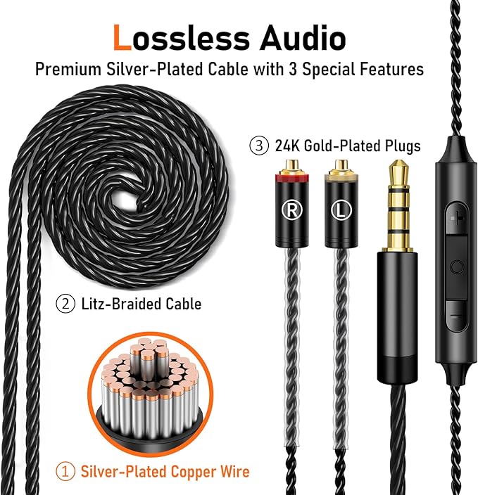 Vibes 202M Wired Earbuds - HiFi in Ear Monitor Headphones - Noise Isolating Ear Buds w/ Mic - Clear Sound, Deep Bass & Comfort-Fit Gaming Earphones - MMCX to 3.5mm & Silver Plated Cord, Carrying Case