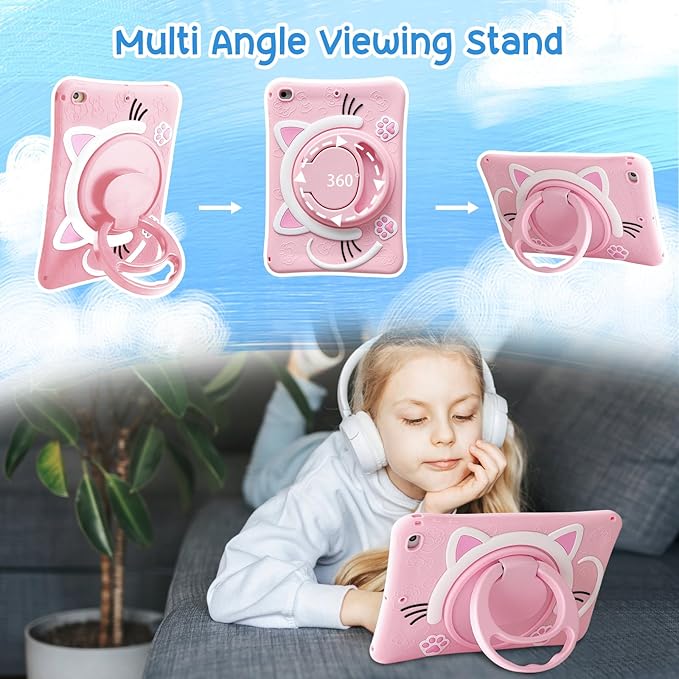 Kids Case for Apple iPad A16 11" 11th 10th Gen 10.9" 2025 2022, Cute Design EVA Kickstand Heavy Duty Shockproof Kids Friendly Bumper Case with Shoulder Strap Cover for iPad 11th 10th Gen, Pink Cat