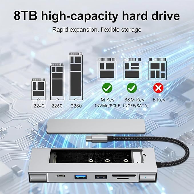 8-in-1 USB C Hub with M.2 NVMe SSD Enclosure, 4K HDMI, 100W PD, 10Gbps USB-C, USB3.2, SD/TF Card Reader for XPS, Dell, MacBook Pro, iPad Pro Upgraded