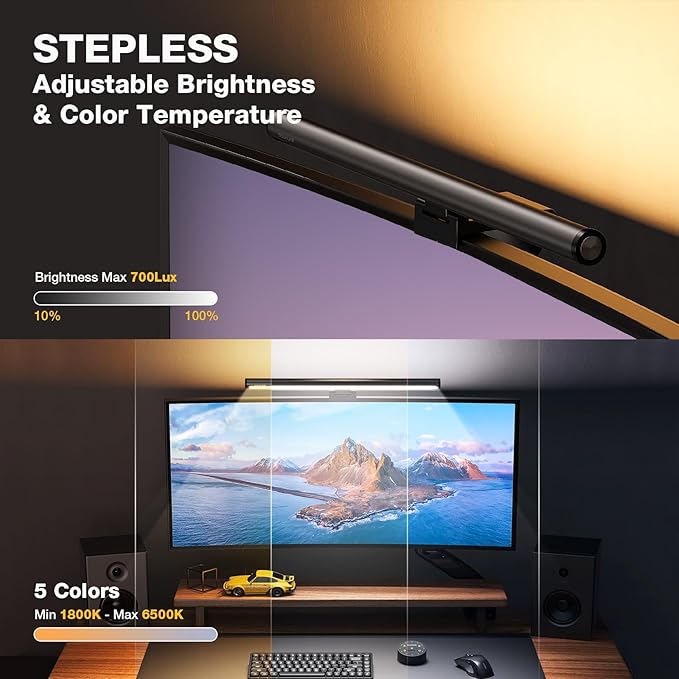 Douxlife Monitor Light Bar, Backlight with Touch Switch＆ Remote Dual Control, Eye-Care Computer Light with Stepless Dimming and Color Temperature for Home Office Gaming, Grey