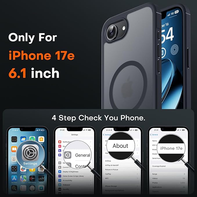 TOCOL for iPhone 17e Case, Compatible with Magsafe, Military Drop Protection, Slim Translucent Matte Shockproof for iPhone 17 e Case 6.1 inch (Black)