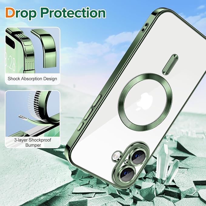 Hython Magnetic Clear for iPhone 17 Case with Camera Lens Protector [Compatible with MagSafe] Luxury Plating Edge Slim Soft TPU Cover Protective Phone Case for iPhone 17 6.3", Deep Green
