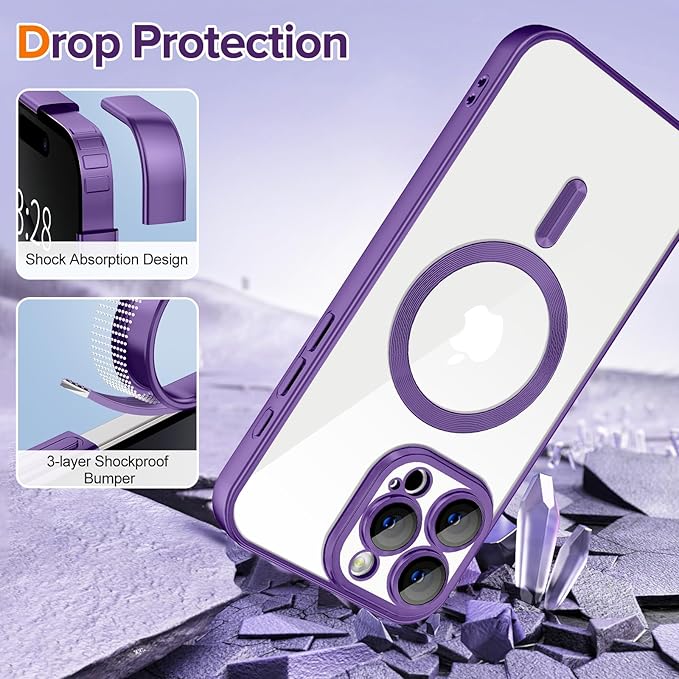 Hython Magnetic Clear for iPhone 16 Pro Max Case with Camera Lens Protector [Compatible with MagSafe] Plating Edge Slim Soft TPU Cover Protective Phone Case for iPhone 16 Pro Max 6.9", Matte Purple