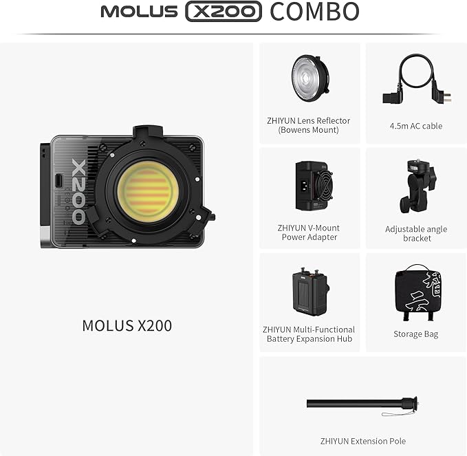 ZHIYUN MOLUS X200 Combo 200W Video Light Supports V-Mount Battery, HUB Expansion, and PD Power Photography Lighting 2700K-6500K CRI≥95 TLCI≥97 with Bowens Mount Diffuser for YouTube