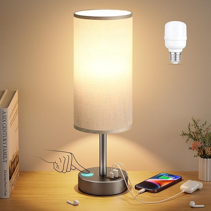 Dicoool Small Touch Bedside Lamp with USB - 3 Way Dimmable Grey Table Lamp for Bedroom, Nightstand Lamp with Charging Station for Desk Dorm, Office
