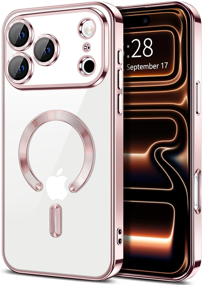 Hython Magnetic Clear for iPhone 17 Pro Case with Camera Lens Protector [Compatible with MagSafe] Luxury Plating Edge Slim Soft TPU Cover Protective Phone Case for iPhone 17 Pro 6.3", Pink