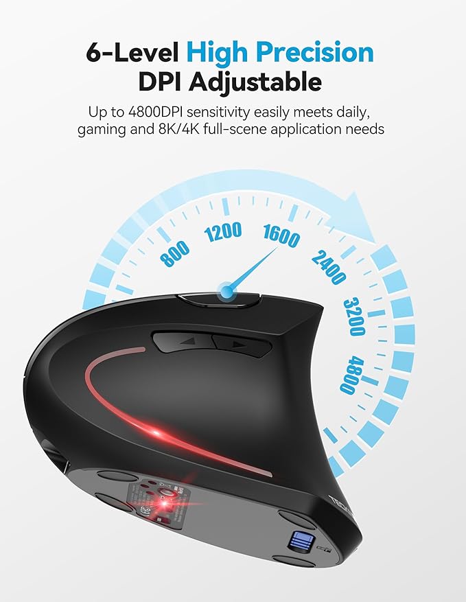 TECKNET Ergonomic Mouse with Jiggler, Bluetooth Wireless Vertical Mouse, 4800DPI Rechargeable Carpal Tunnel Mouse, Undetectable Random Movement Keeps Computers Awake for PC, Laptop, Mackbook