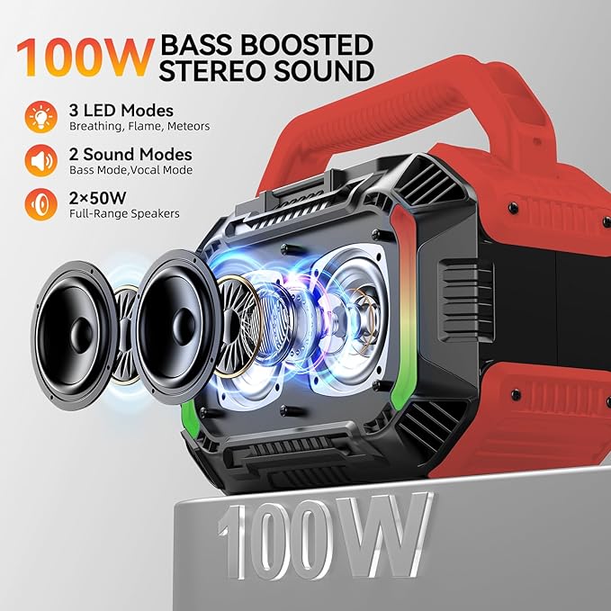 Wilody Speakers Bluetooth Wireless, 100W Loud Outdoor Speaker with Bass, IPX7 Waterproof Floatable, 20H Playtime, RGB Light, Portable Speaker with TWS for Work, Outdoor, Garage, Camping (Crimson)