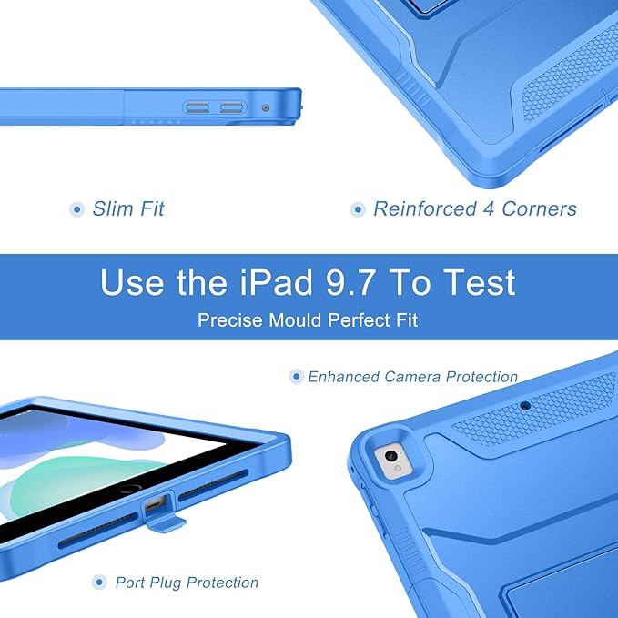 Soke Case for iPad 6th/5th Generation 9.7 Inch 2018/2017,with Built-in Screen Protector and Kickstand, Rugged Full-Body Heavy Duty Protective Cover for Apple iPad Air 2 /Pro 9.7 - Blue
