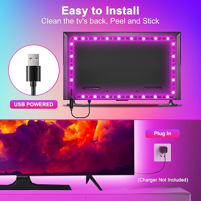 Daymeet Led Lights for TV, 13.1ft Strip Lights for 45-60 inch Tv, RGB Music Sync TV Backlight Color Changing, Bluetooth APP Remote Control Tv Lights USB Powered LED Strip Lights for Bedroom Decor