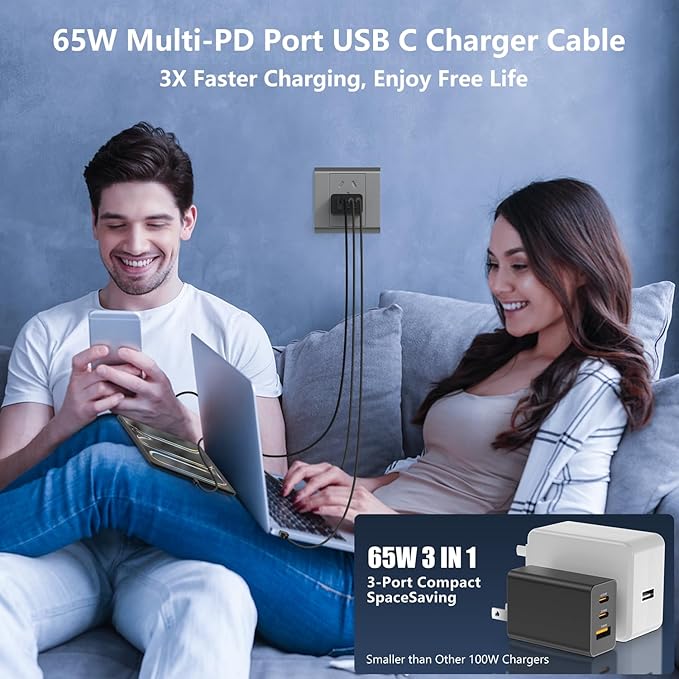 65W USB C Charger Block,3 Port GaN+ USB-C Wall Charger,100W PD Type C Multi Port Power Super Fast Charging Block Adapter&6FT Cable for Samsung Galaxy S26 Ultra/25/24,iPhone 17/16/15,iPad,MacBook
