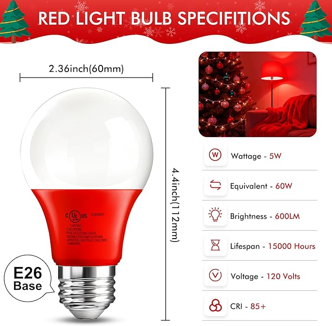 TJOY LED Red Light Bulb, Red Colored Light Bulbs Outdoor, A19 60 Watt Equivalent, 5W E26 Base Lightbulb for Christmas Porch Indoor Party Bedroom Decoration, Non-Dimmable, 4 Pack