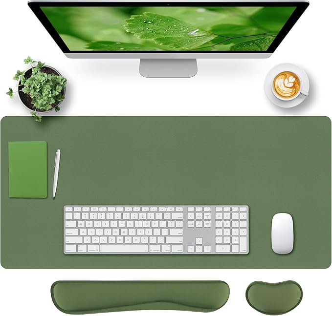 Bloss Keyboard and Mouse Wrist Rest + Leather Desk Mat, Desk Mat for Keyboard and Mouse, Desk Accessories for Women(35.4 x 15.7 Inch,Olive Green)