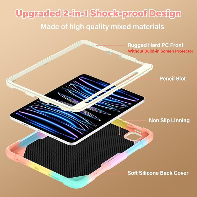HOGENL for iPad Pro 11 inch Case for Kids Girl with Pencil Holder,for iPad Air 5th/4th Generation Case 10.9" with Butterfly Stand Shoulder Strap Protective Cover for pro 11 4th/3rd/2nd/1st, Colourful
