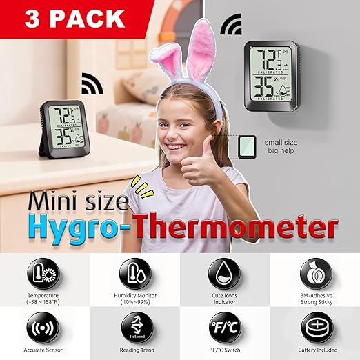 3 Pack Room Thermometer Indoor Hygrometer Digital Mini Humidity Meter Gauge with Temperature and Humidity Monitor Sensor for House, Pet, Plant, Incubator - Battery Included