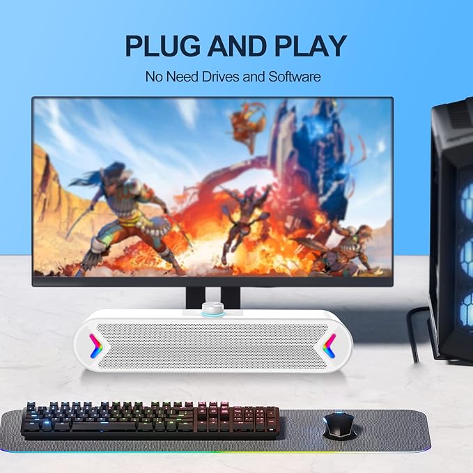 LENRUE Computer Speakers,Wired USB-Powered PC Speakers with 10W Stereo Sound,Sound-bar Speakers for PC Desktop Computer Laptop Monitor (AUX-White)