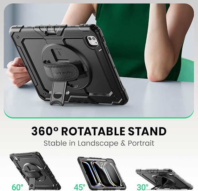 SEYMAC Case for iPad Pro 13 Inch M5 2025 / M4 2024, Heavy Duty Shockproof Protective Case with Screen Protector, 360° Rotating Stand, Hand/Shoulder Strap and Pen Holder, Black