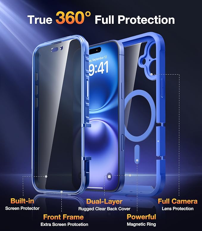Diaclara Magnetic Designed for iPhone 16 Plus Case, Full Body Rugged Case with Built-in Privacy Touch Sensitive Anti-Scratch Screen Protector, Upgraded [Full Camera Protection] (Ultramarine)