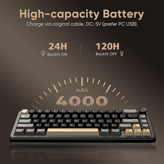 RedThunder K65 Wireless Mechanical Keyboard, CNC Knob, Tri-Mode BT5.0/2.4GHz/USB-C Hot Swappable Custom, Pre-lubed Linear Coconut Switches, Gasket Structure, RGB Gaming Keyboard, Black-Gold