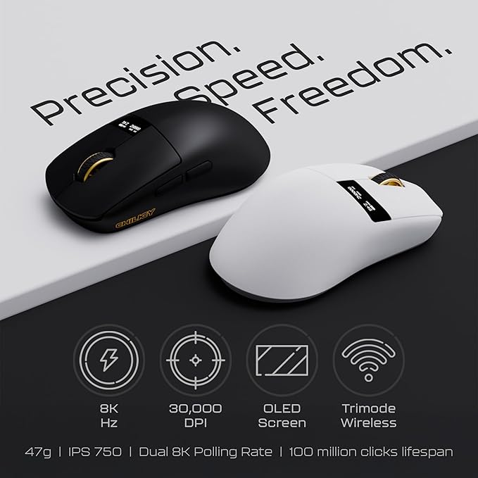OOCTPK Chilkey Wireless Mouse, Glacier LW 8K L Gaming Mouse with LCD Screen, 8K Polling Rate, 30000 DPI Optical Tracking, 750 IPS, Bluetooth/2.4GHz/USB-C, 47g Ultra-Lightweight, 100 Million Clicks