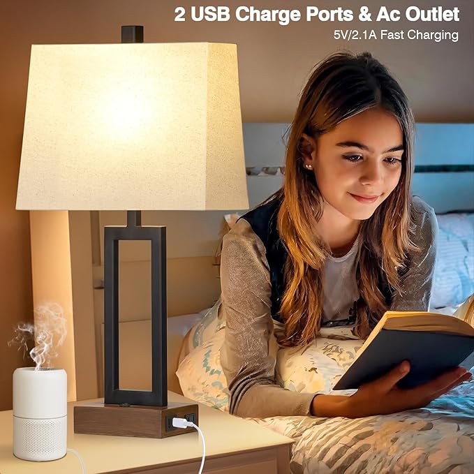 Rinweey 23.5" Table Lamps Set of 2, Modern Black Bedside Lamps with 2 USB Ports & AC Outlet, Contemporary Nightstand Lamps with Wood Base for Bedroom Living Room(LED Bulb Included)