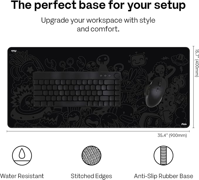 Pixio Mouse Pads - 36 x 16 inch XXL Monster Doodle Black Multifunctional Large Desk Mats for Gaming, Office, Desktop Anti-Slip Waterproof Washable Computer Mouse Mat