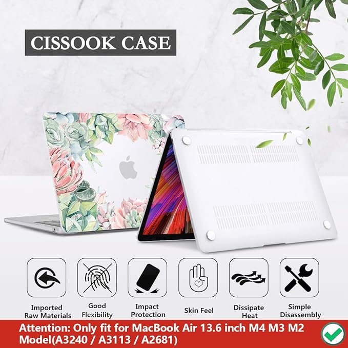 CISSOOK Compatible with MacBook Air 13.6 Inch Case 2022 2024 2025 2026 Release M2 M3 M4 M5, Hard Shell Case with Keyboard Cover for MacBook Air 13.6 inch A2681 A3113 A3240 A3449 - Succulents