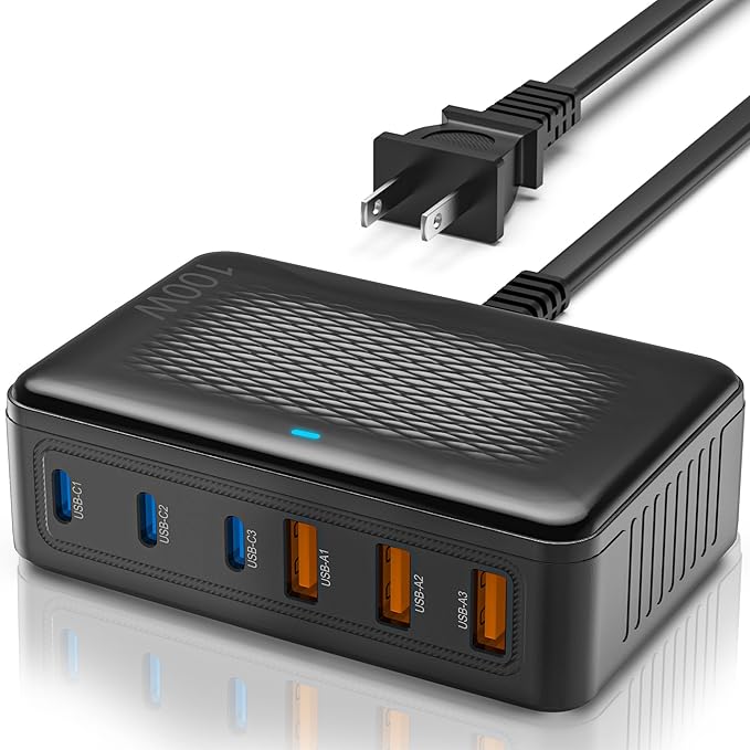 USB C Charger Block,100W GaN 6 Port Fast Charging Station Hub for Multiple Devices,Wall Charger PD 3.0+QC Power Strip Adapter Plug for All iPhone 17 16 15 iPad Samsung iWatch Pixel Series (Black)