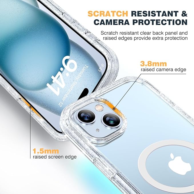 Diaclara Designed for iPhone 15 Plus Case 6.7'', [Compatible with MagSafe] Full Body Rugged Magnetic Case w/Built-in Sensitive Anti-Scratch Screen Protector+Glass Camera Lens Protector,Clear Glitter