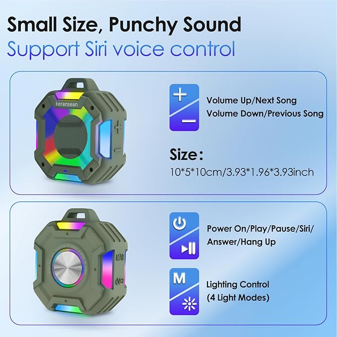 Shower Bluetooth Speaker Waterproof, Portable Small Speaker, Outdoor Bluetooth Speakers Wireless, LED Light, BT5.4, 24H Playtime, Built in Mic, Powerful Sound for Party, Unisex Gifts for Adults-Green