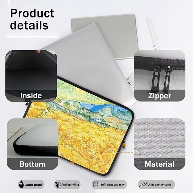 Yellow Wheatfield Laptop Protective Sleeve for Women Men Trendy Van Gogh Reaper Pattern Laptop Covers with Large Capacity Easy to Clean Withstand Daily Wear and Tear Nice Gifts for Holidays