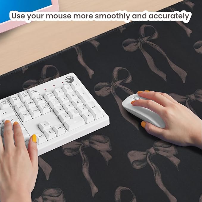 Black Desk Mat with Bows, Large Bow Mouse Pad Keyboard Mat for Computer Laptop Non-Slip Rubber Base Gaming Mousepad, Cute Black Desk Accessories Girly Office Desk Mat for Teen Girls Women 35.4 x 15.7