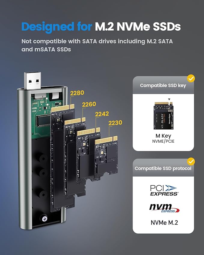 MOGOOD SSD Enclosure, USB 3.2 Gen 2 NVMe SSD Adapter, 10Gbps High-Speed USB/Type C M.2 Case, Plug and Play, Compatible for 2280/2260/2242/2230 SSDs, ABS Material