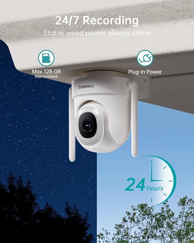 ZUMIMALL 2K Wired Camera for Home Security, 2.4G/5G WiFi Outdoor Camera, 3MP, 24/7 Recording, AI Motion Detection, Cloud & SD Card Storage, 2-Way Audio, 360° PTZ Auto Tracking, Work with Alexa