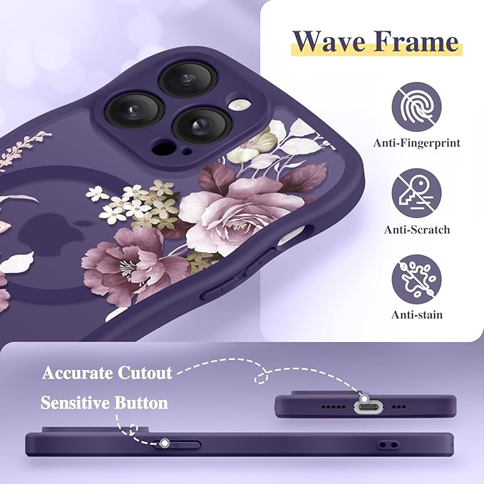 GVIEWIN for iPhone 14 Pro Case Compatible with MagSafe [Curly Wave Edge][Full Camera Protection] Floral Translucent Shockproof Magnetic Women Phone Case for 14 Pro, Cherry Blossoms/Deep Purple