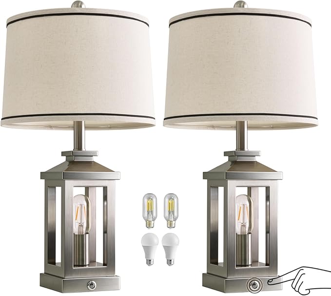G-SAFAVA 24" Table Lamps for Living Room Bedroom Modern Metal Bedside Lamps Set of 2 Nightstand Lamp for Night Stands 3 Way Dimmable Touch Lamp with USB C+A Ports and 2 Light Sources, 4 Bulbs Includes