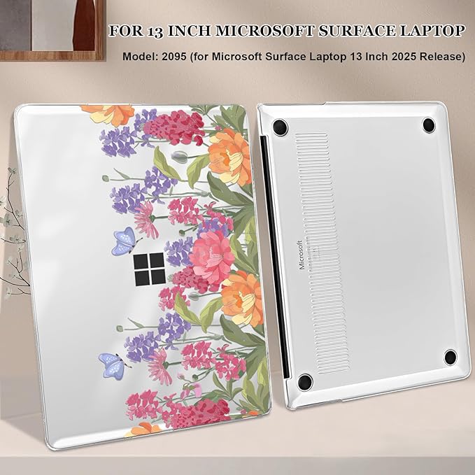 Case for 13 Inch Microsoft Surface Laptop 2025 Release 2095, Lightweight Scratch-Resistant Pattern Plastic Hard Shell Case for Microsoft Surface Laptop 13 2095 Cover, Pink & Purple Flowers