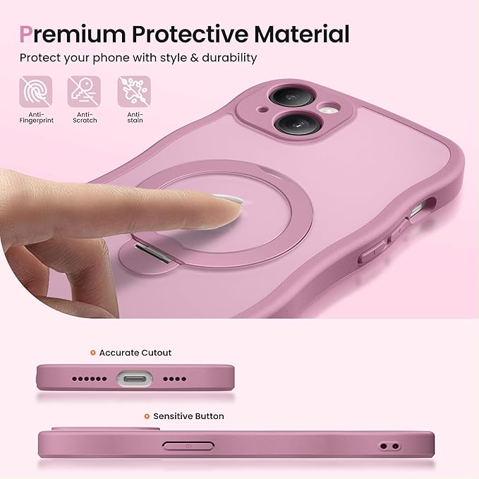 CAPRARO for iPhone 15 Plus Case with 360° Spin Magnetic Stand for Women, [Compatible with MagSafe] [Full Camera Protection] Cute Wave Translucent Matte Case for iPhone 15 Plus, Black Currant