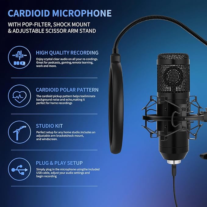 GUHUS USB Condenser Microphone,Computer PC Microphone Kit with Adjustable Boom Arm Stand Shock Mount for YouTube Vocal Gaming Streaming