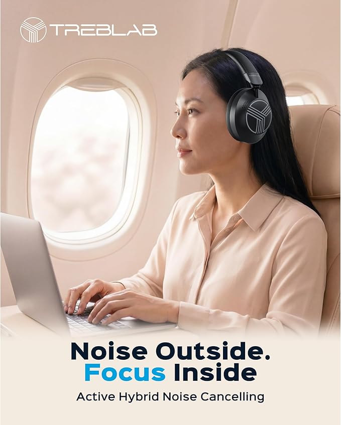 TREBLAB Z7-Pro Hybrid Active ANC Over-Ear Bluetooth Headphones for Work, Travel and Focus, All-Day Comfort, 38H Playtime, Foldable Wireless Headphones Noise Cancelling with Carrying Case