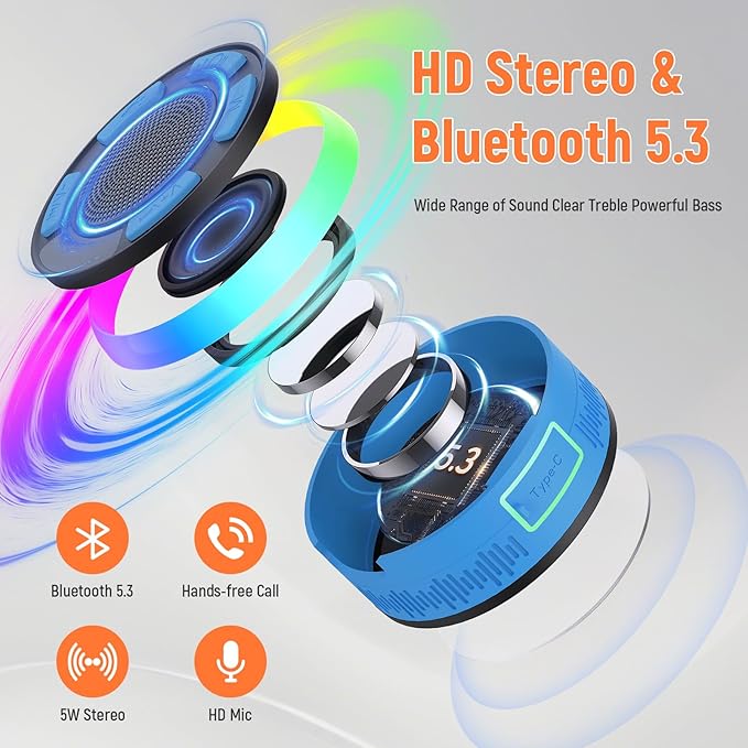 IPX7 Waterproof Shower Bluetooth Speaker, Portable Small Speaker with Suction Cup and Time Display, Loud Crystal Sound & Bass 10H Playtime 1100mAh, Wireless Shower Speakers for Pool, Beach Gift Blue